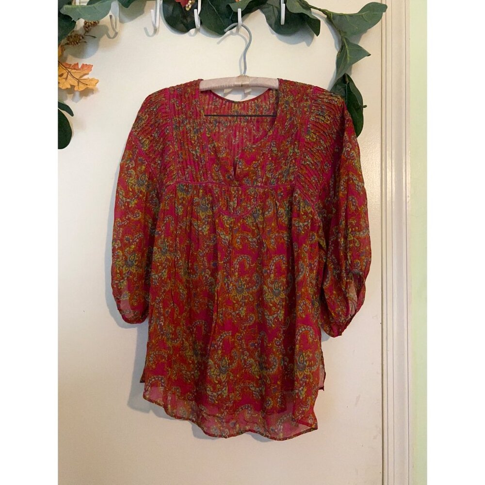 Lili Women’s Paisley Floral Smocked VISCOSE / Cotton Flowy Tunic  3/4 Bell Sleev